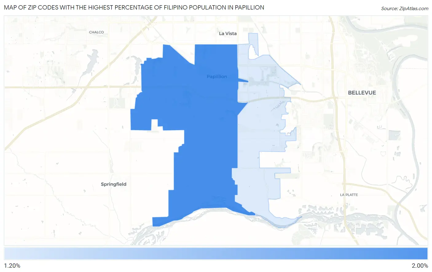 Zip Codes with the Highest Percentage of Filipino Population in Papillion Map