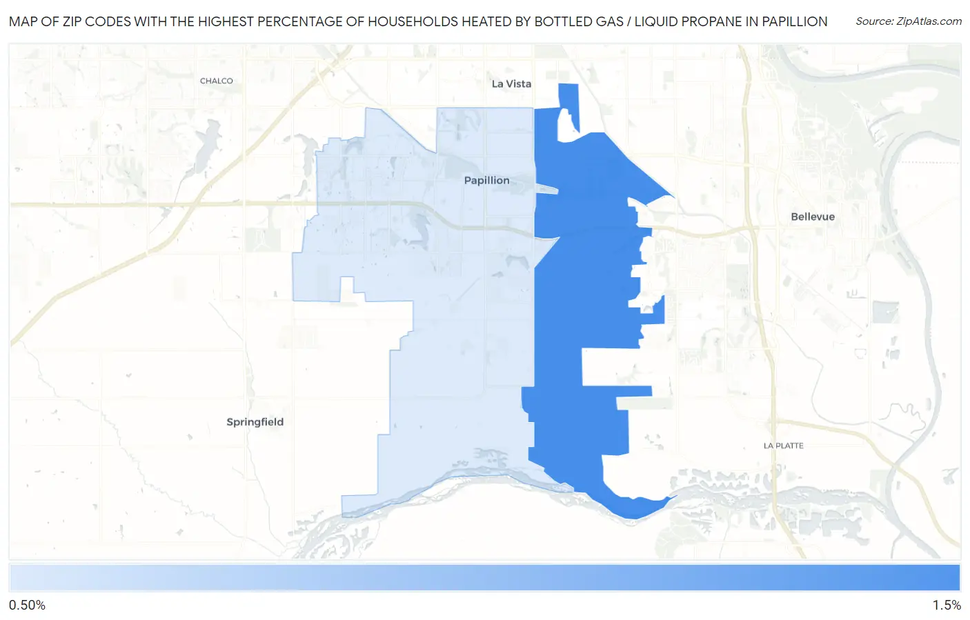 Zip Codes with the Highest Percentage of Households Heated by Bottled Gas / Liquid Propane in Papillion Map