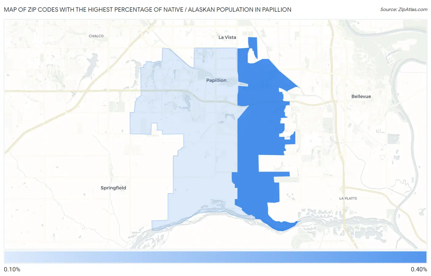 Zip Codes with the Highest Percentage of Native / Alaskan Population in Papillion Map