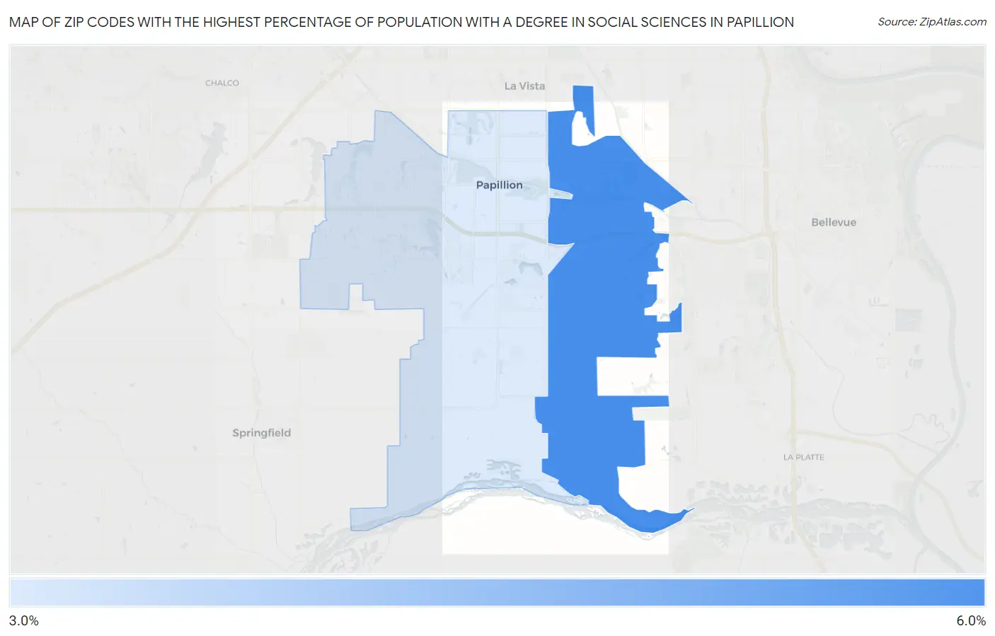 Zip Codes with the Highest Percentage of Population with a Degree in Social Sciences in Papillion Map