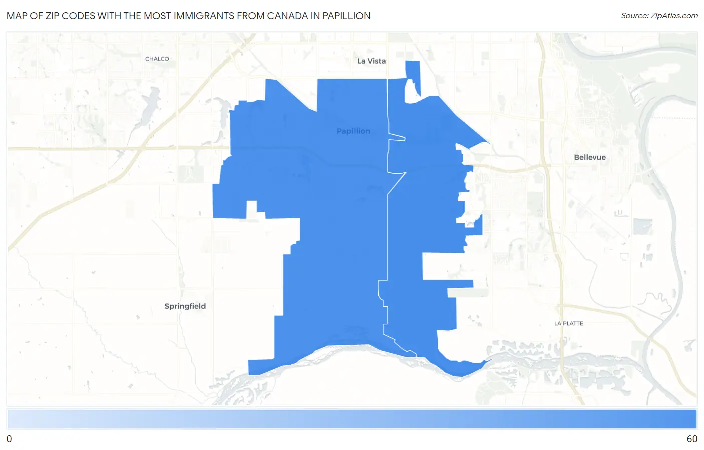 Zip Codes with the Most Immigrants from Canada in Papillion Map