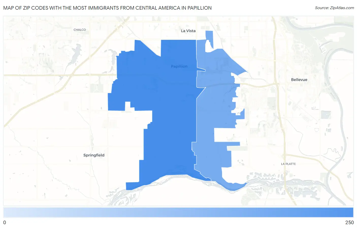 Zip Codes with the Most Immigrants from Central America in Papillion Map