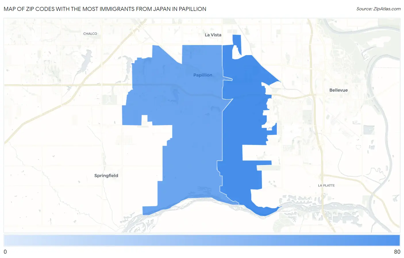 Zip Codes with the Most Immigrants from Japan in Papillion Map