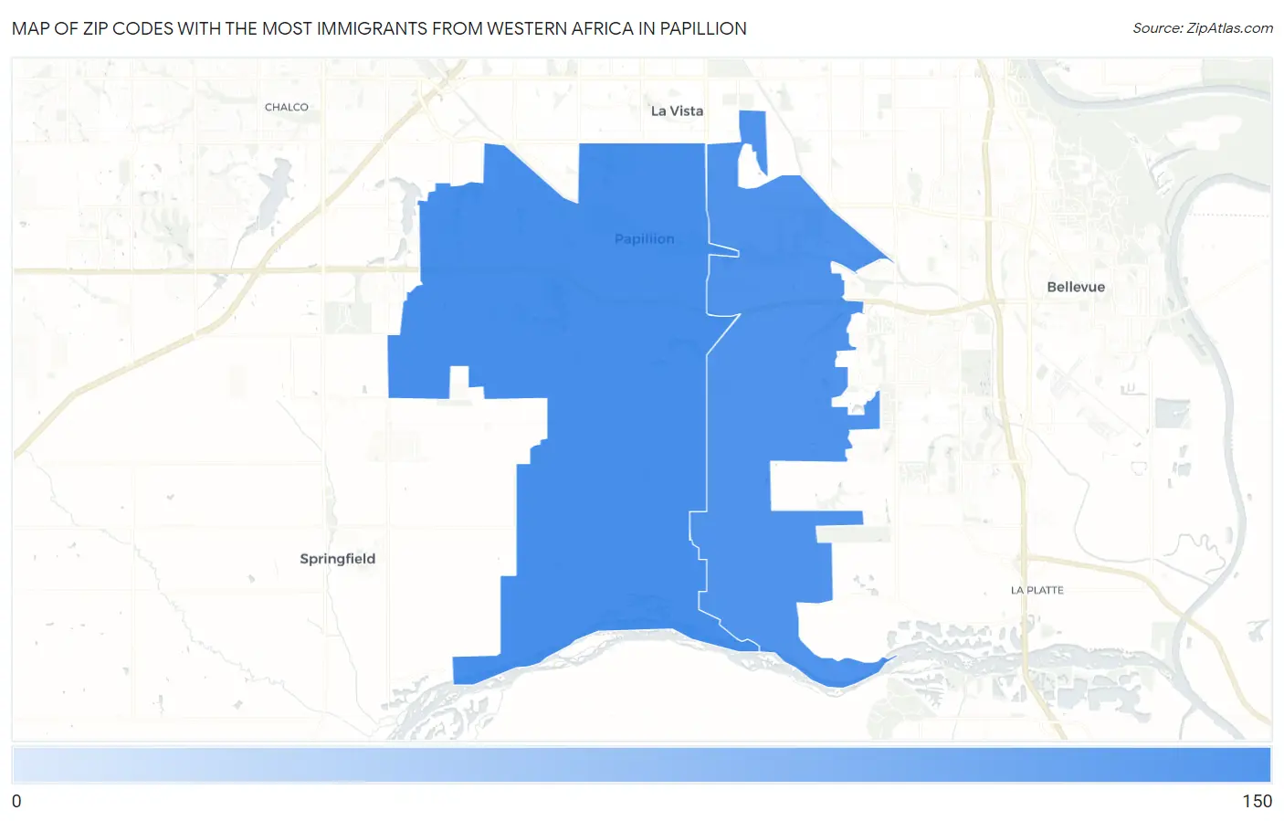 Zip Codes with the Most Immigrants from Western Africa in Papillion Map