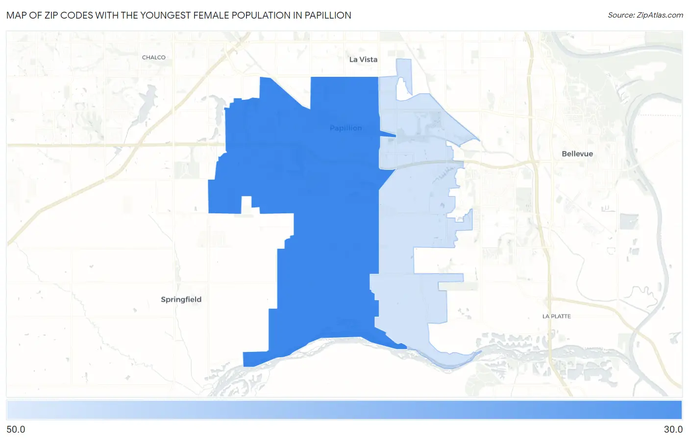 Zip Codes with the Youngest Female Population in Papillion Map