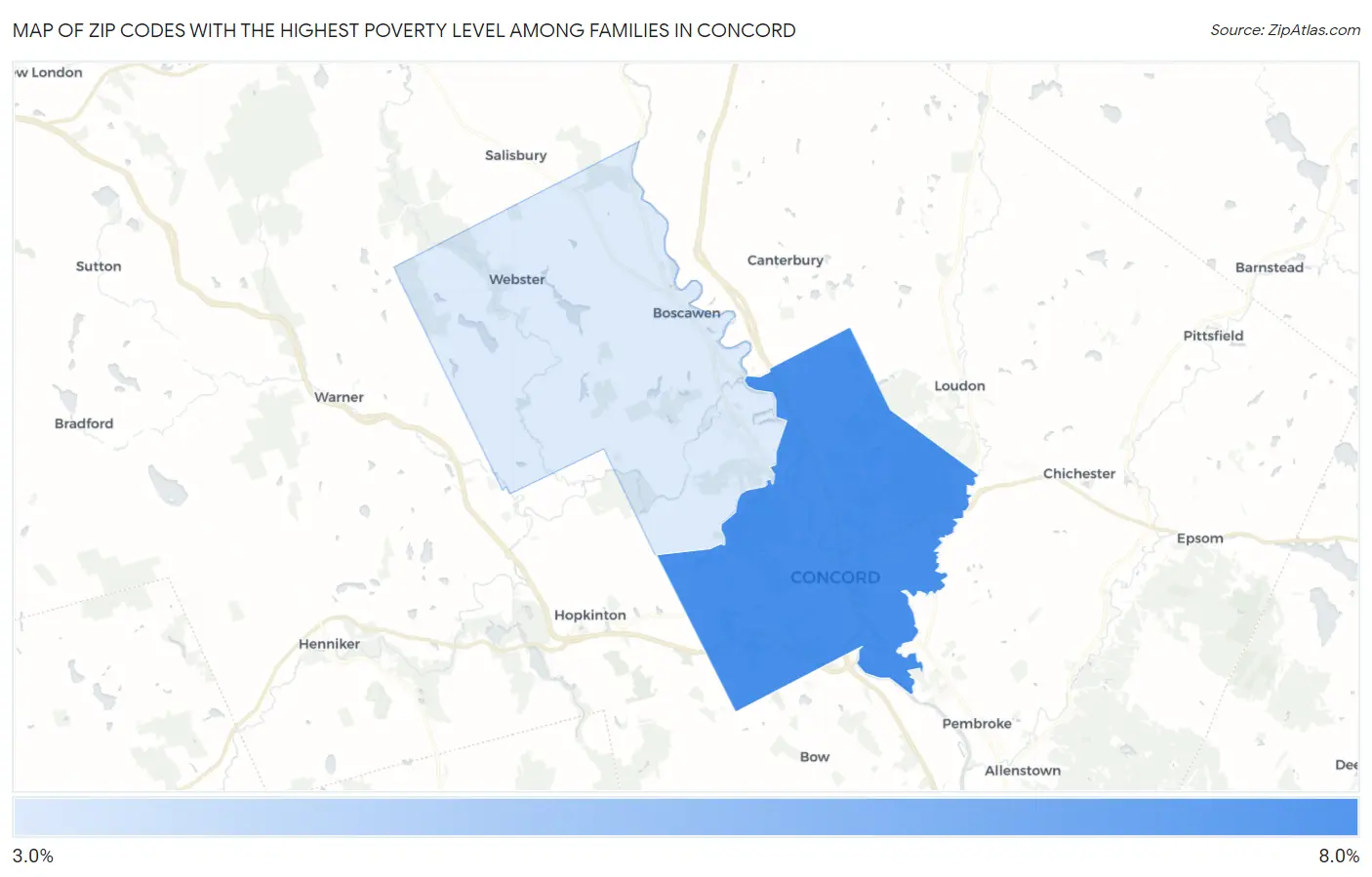 Zip Codes with the Highest Poverty Level Among Families in Concord Map