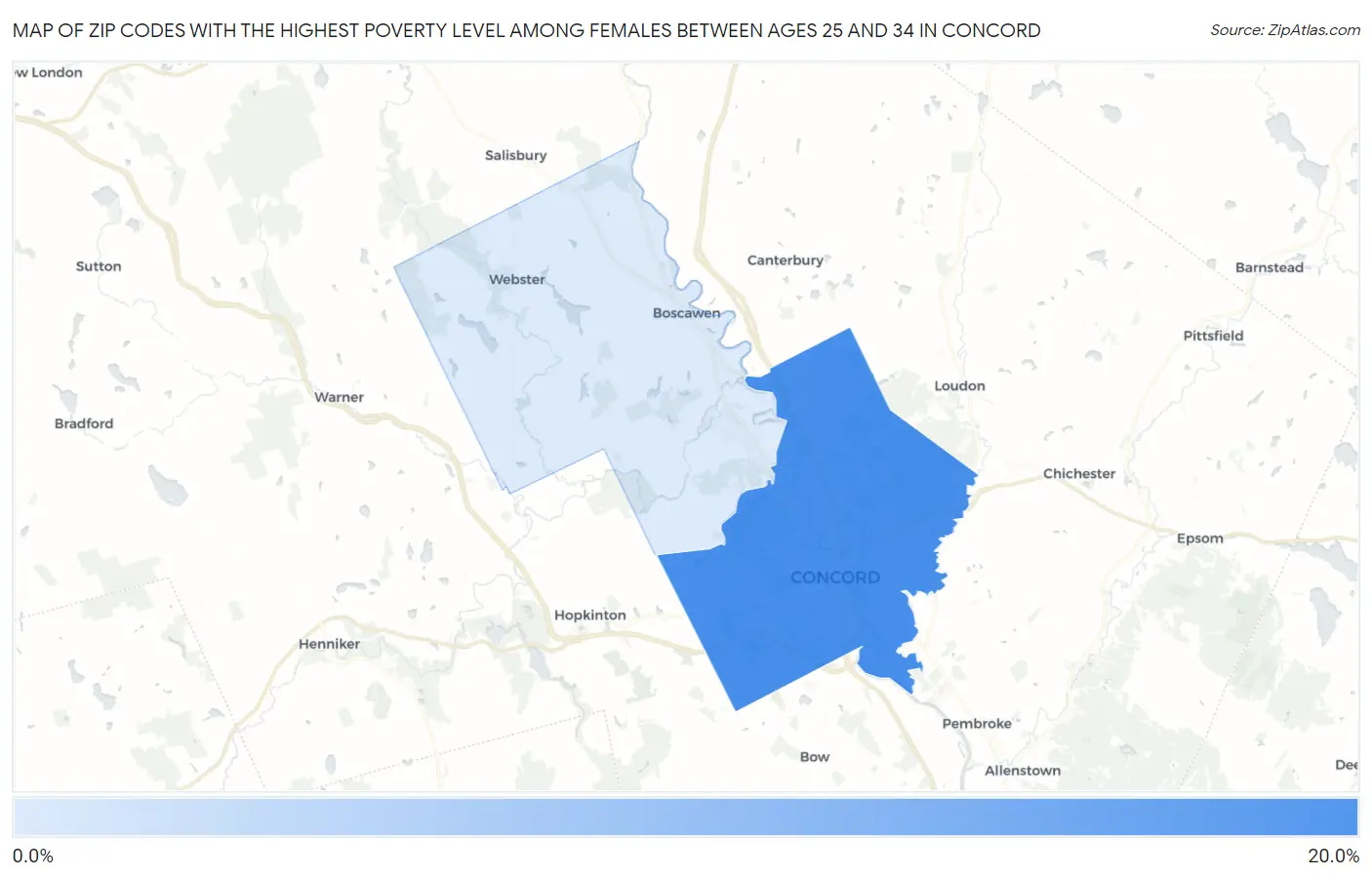 Zip Codes with the Highest Poverty Level Among Females Between Ages 25 and 34 in Concord Map