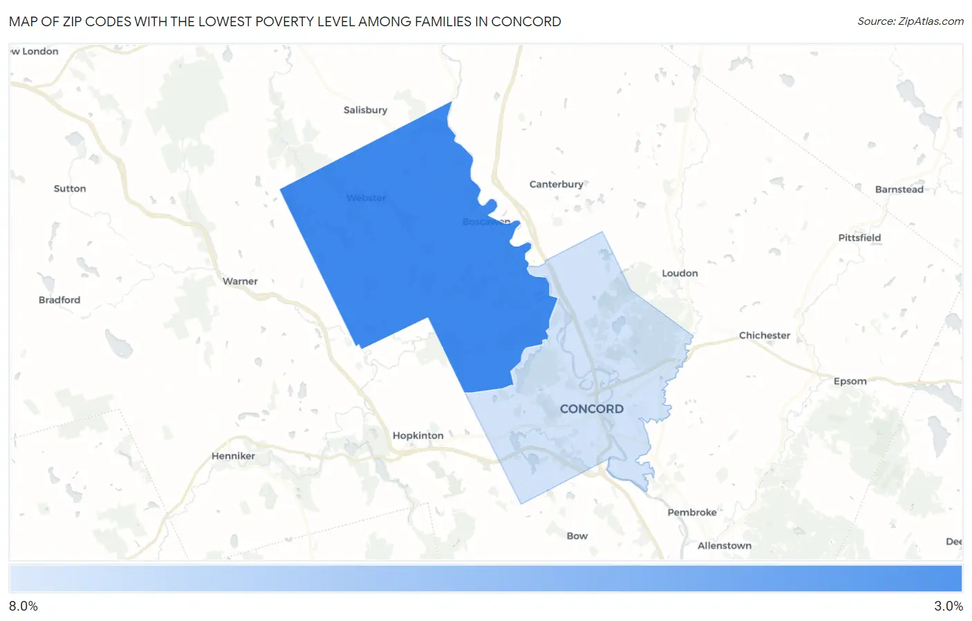Zip Codes with the Lowest Poverty Level Among Families in Concord Map
