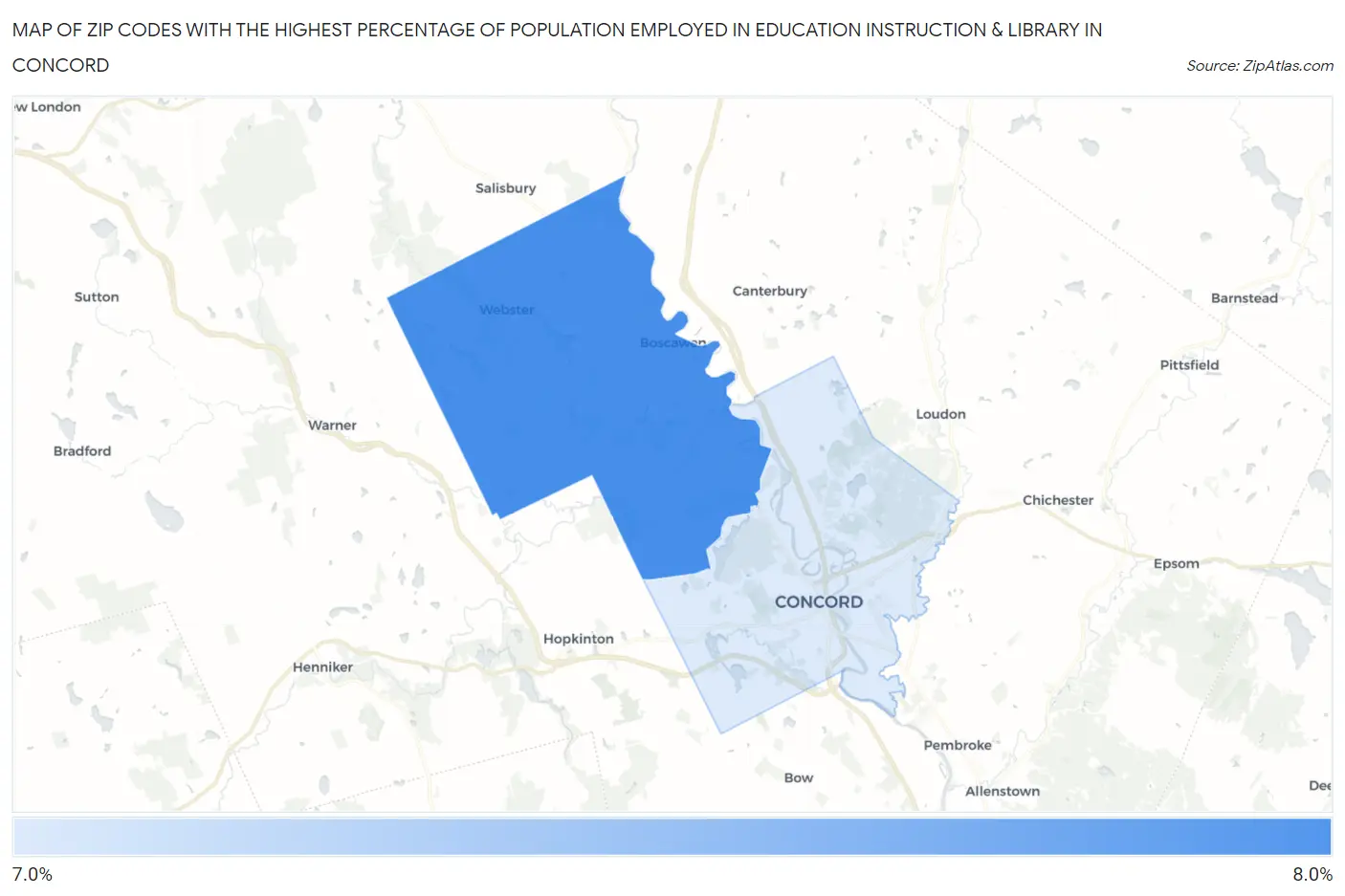 Zip Codes with the Highest Percentage of Population Employed in Education Instruction & Library in Concord Map