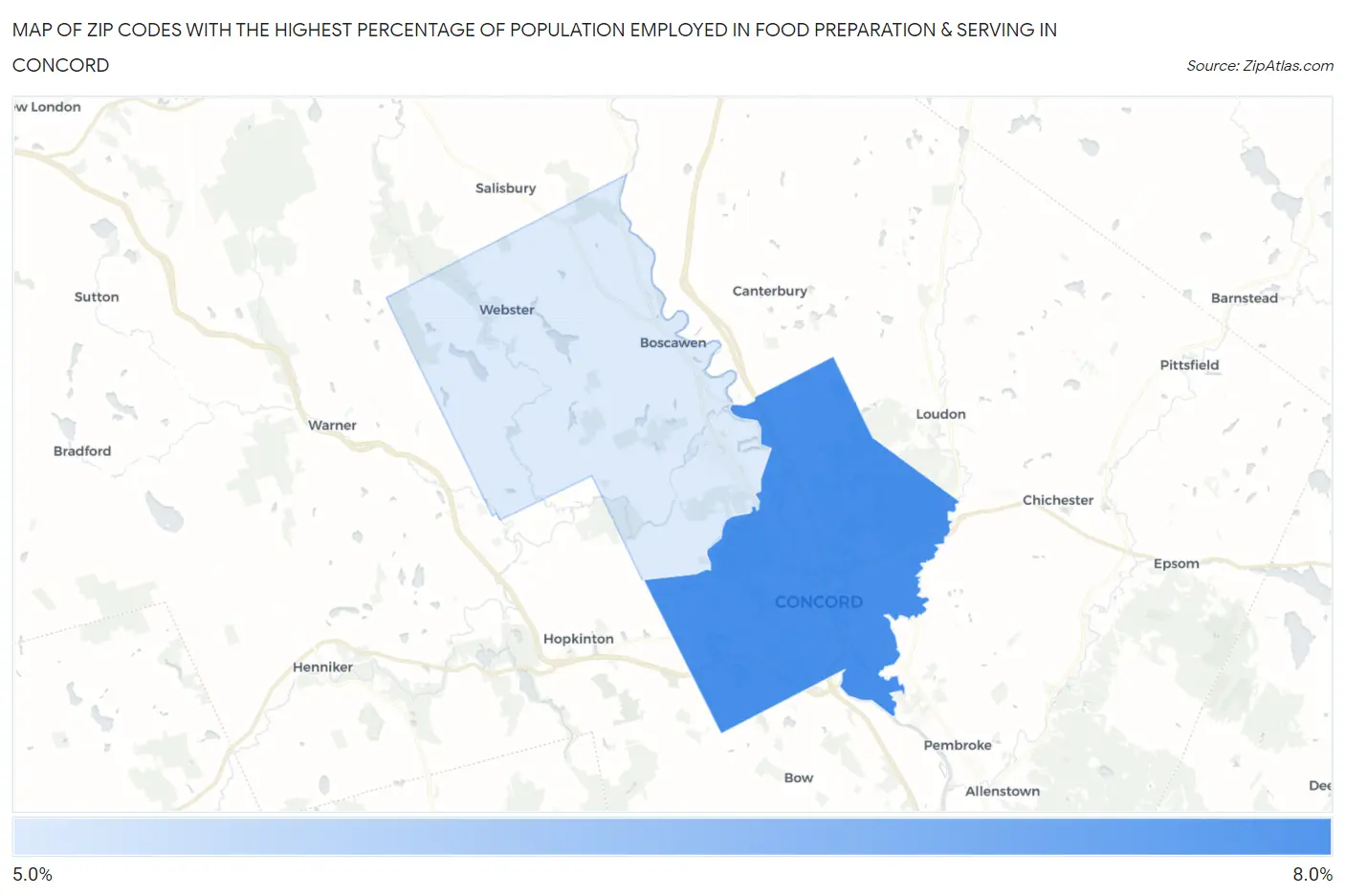 Zip Codes with the Highest Percentage of Population Employed in Food Preparation & Serving in Concord Map