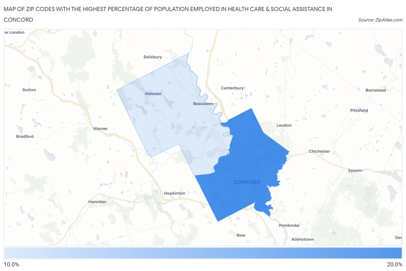 Zip Codes with the Highest Percentage of Population Employed in Health Care & Social Assistance in Concord Map