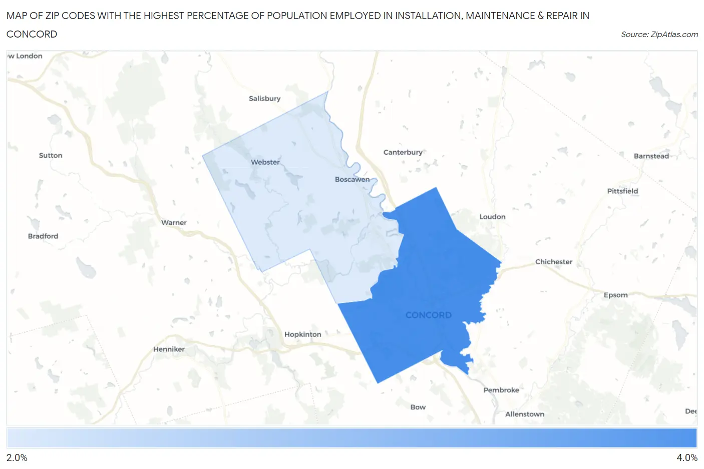 Zip Codes with the Highest Percentage of Population Employed in Installation, Maintenance & Repair in Concord Map