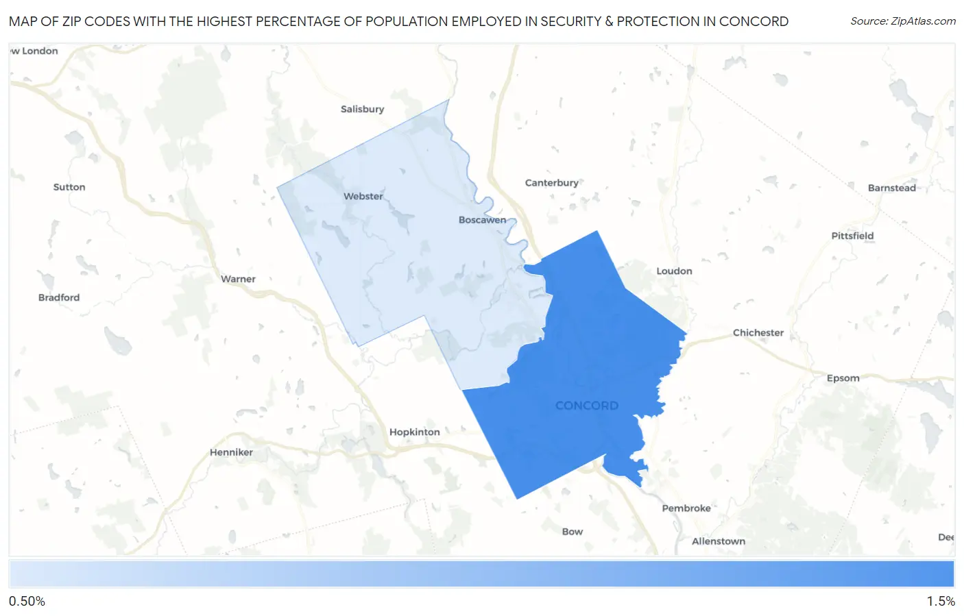 Zip Codes with the Highest Percentage of Population Employed in Security & Protection in Concord Map
