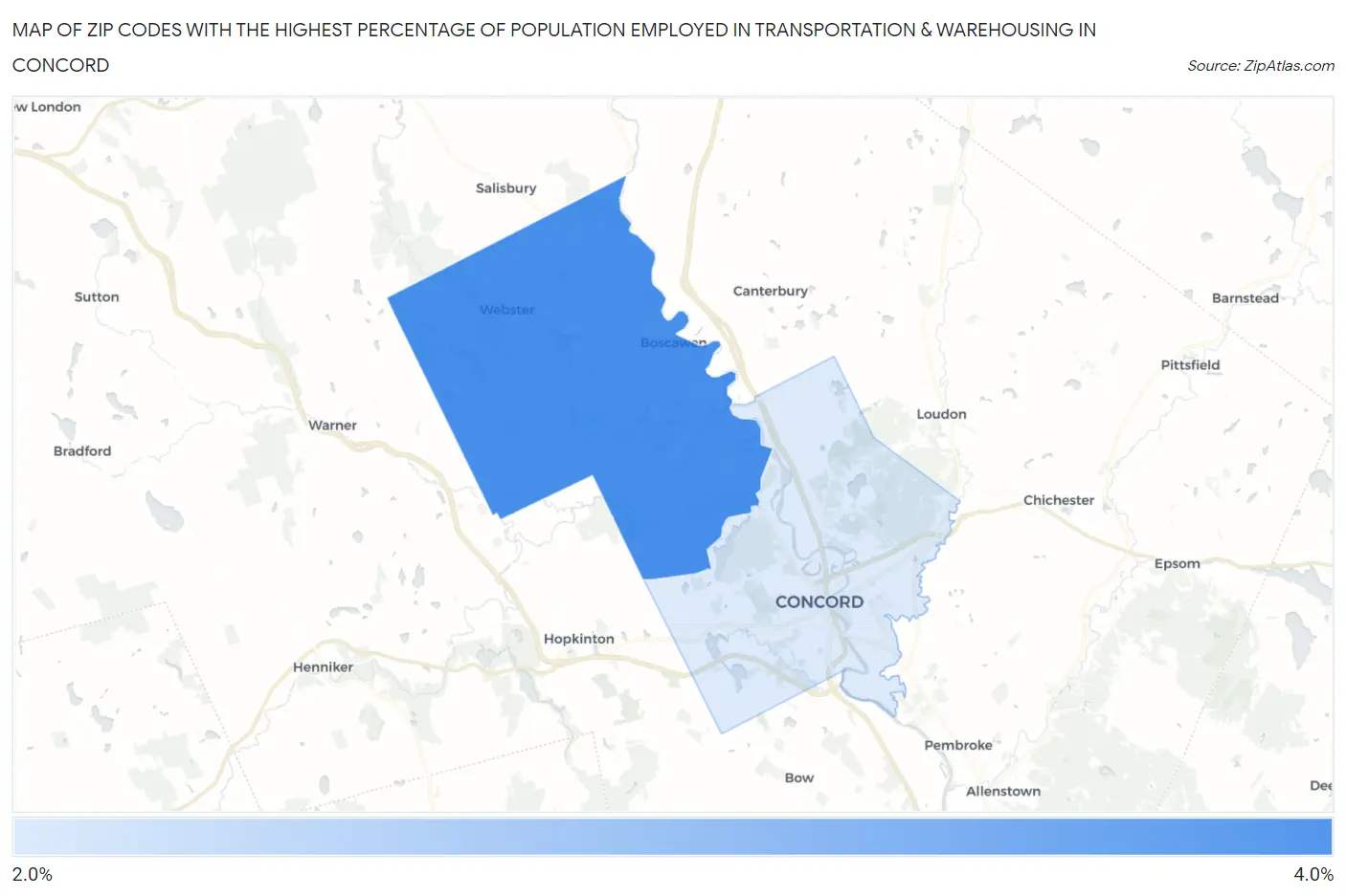 Zip Codes with the Highest Percentage of Population Employed in Transportation & Warehousing in Concord Map