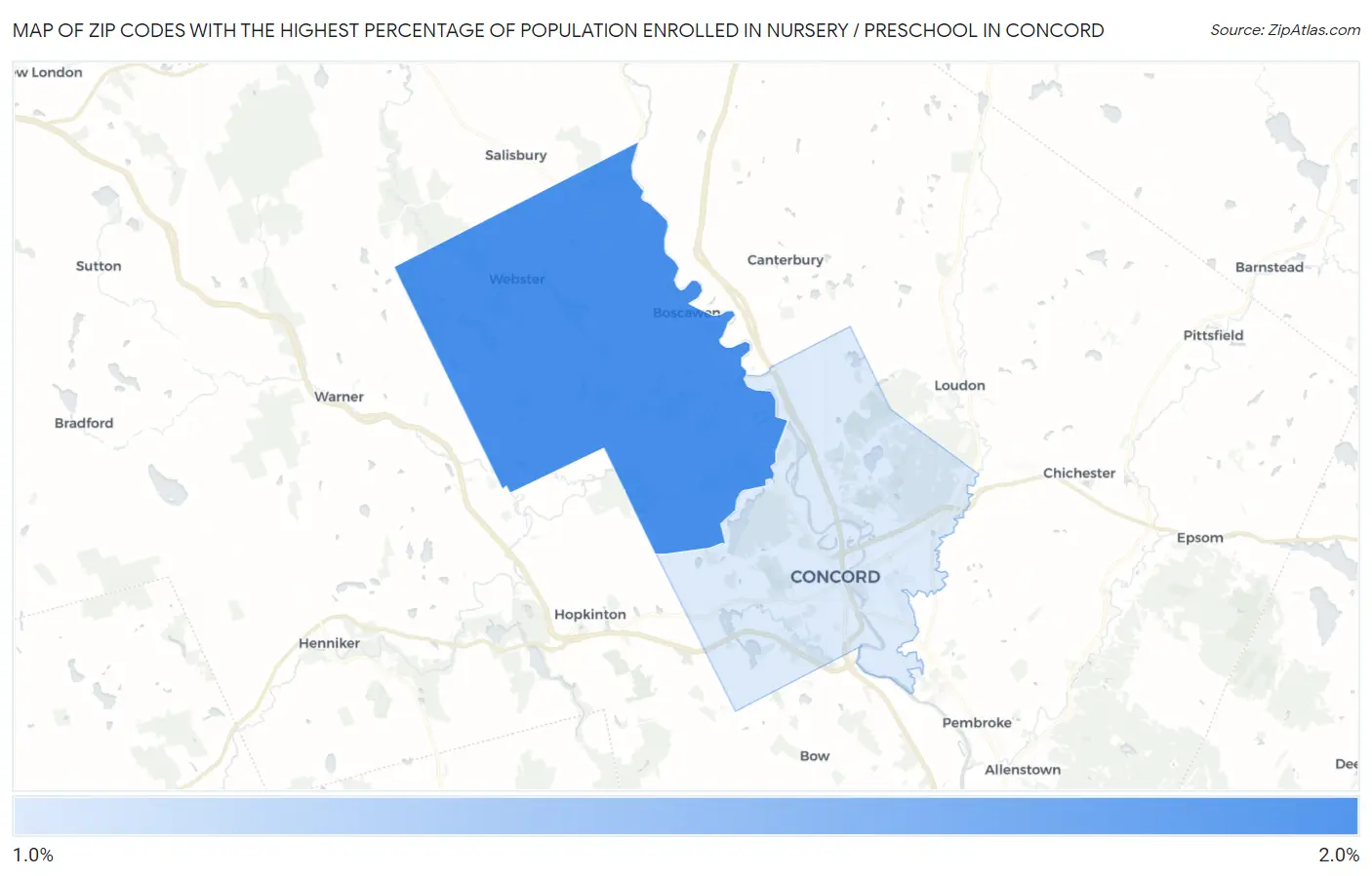Zip Codes with the Highest Percentage of Population Enrolled in Nursery / Preschool in Concord Map