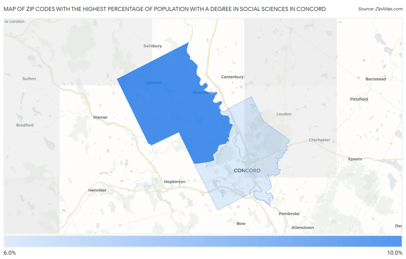 Zip Codes with the Highest Percentage of Population with a Degree in Social Sciences in Concord Map