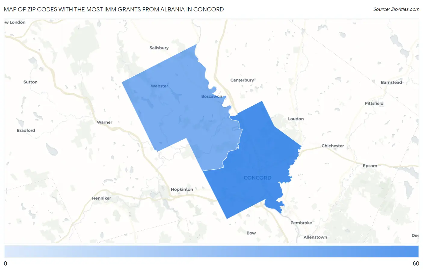 Zip Codes with the Most Immigrants from Albania in Concord Map