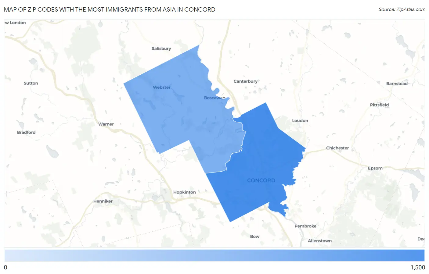Zip Codes with the Most Immigrants from Asia in Concord Map