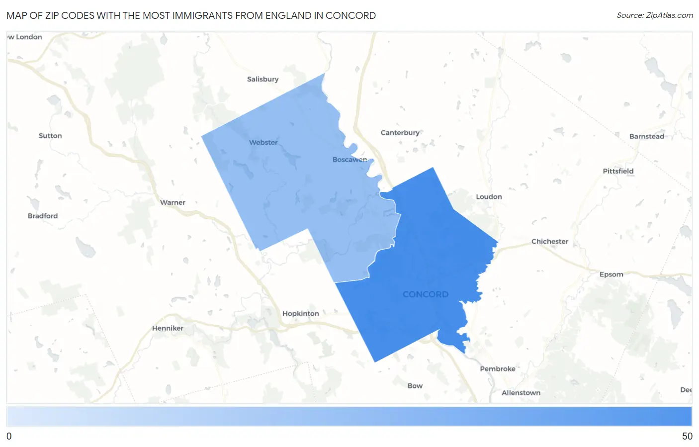Zip Codes with the Most Immigrants from England in Concord Map
