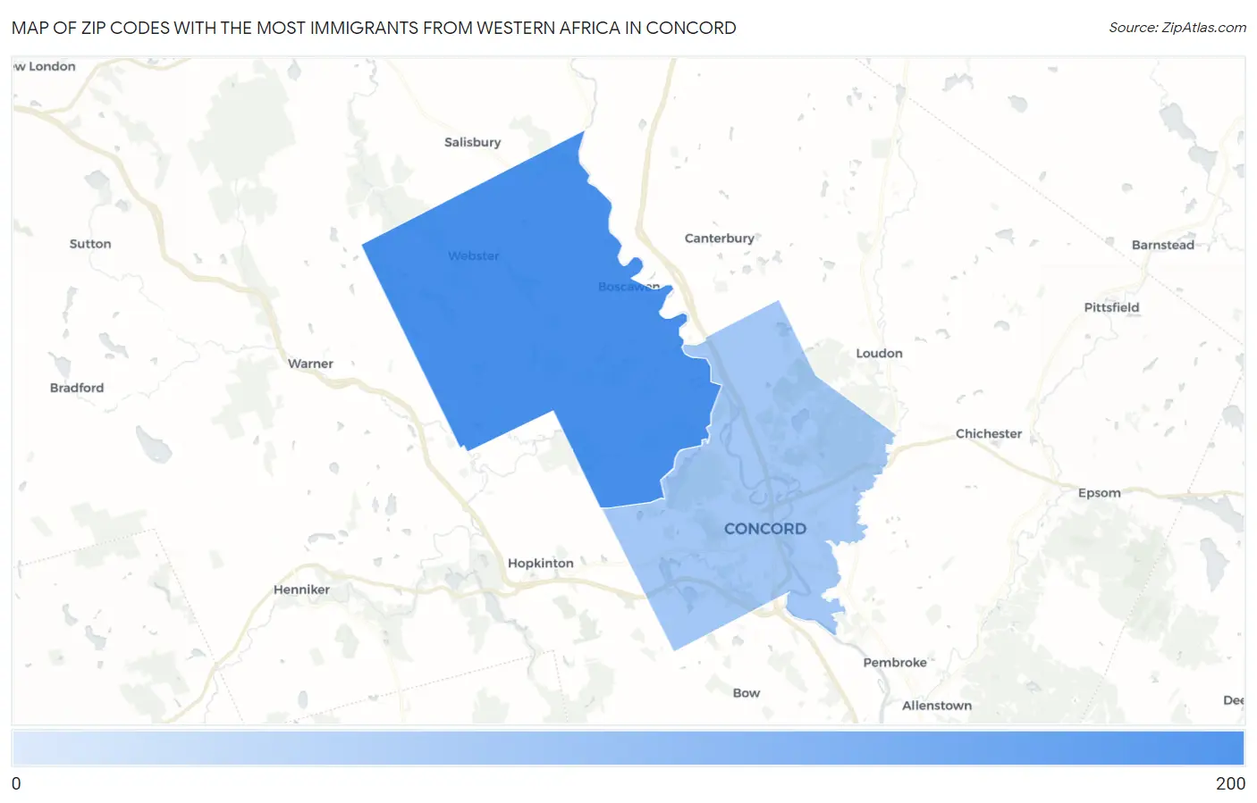 Zip Codes with the Most Immigrants from Western Africa in Concord Map