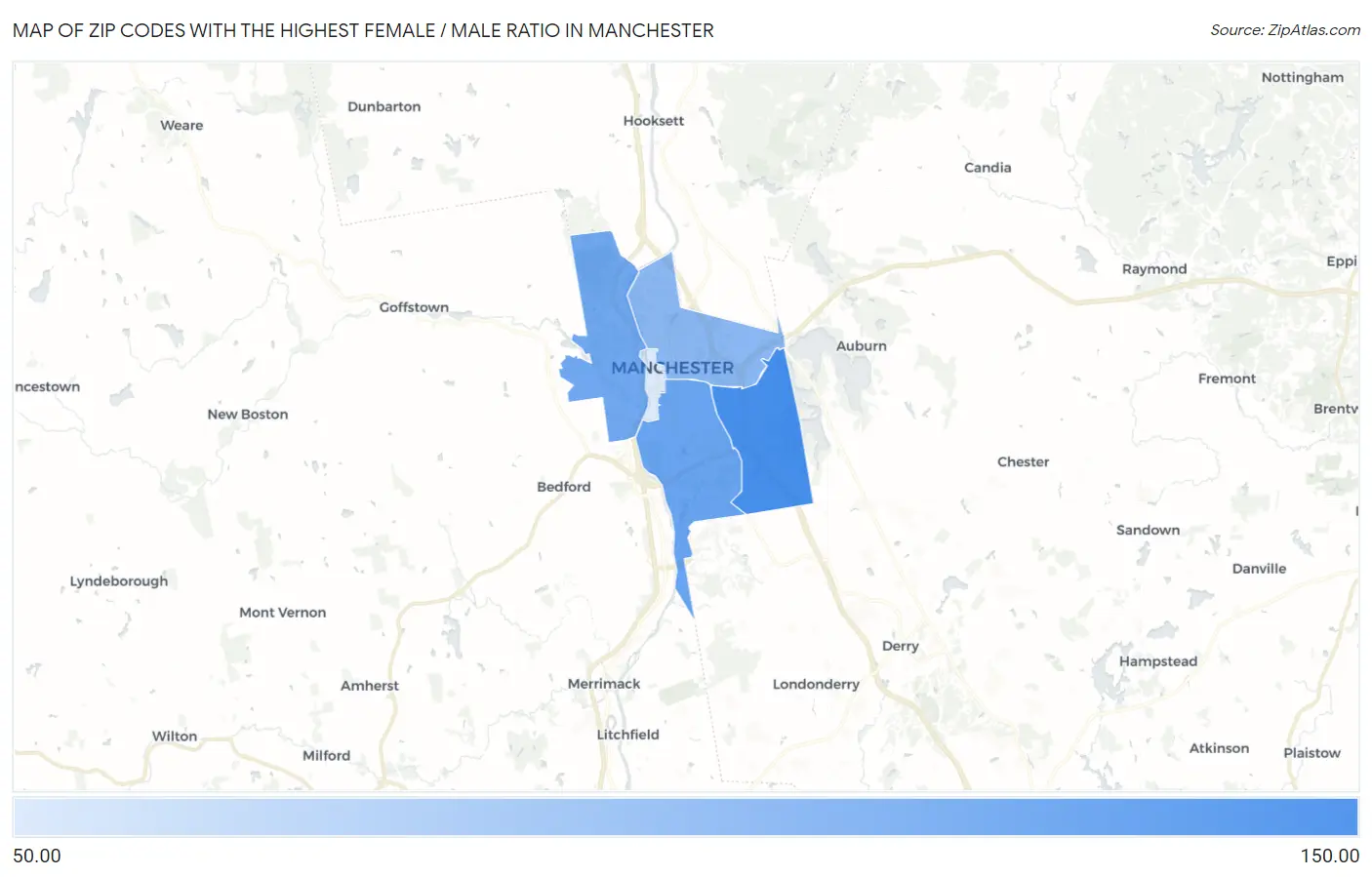Zip Codes with the Highest Female / Male Ratio in Manchester Map