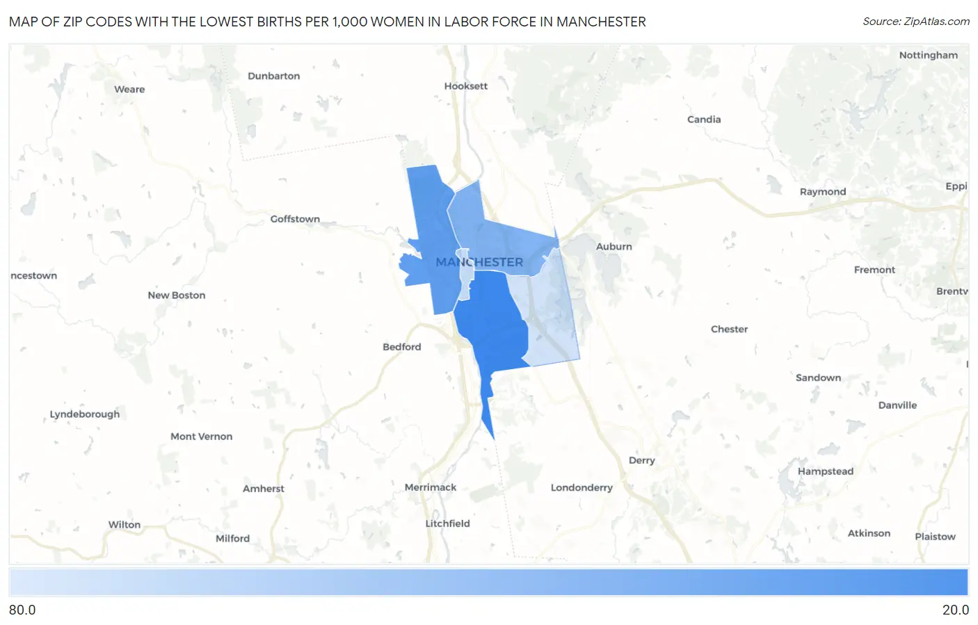 Zip Codes with the Lowest Births per 1,000 Women in Labor Force in Manchester Map