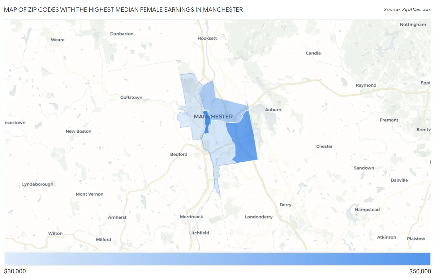 Zip Codes with the Highest Median Female Earnings in Manchester Map