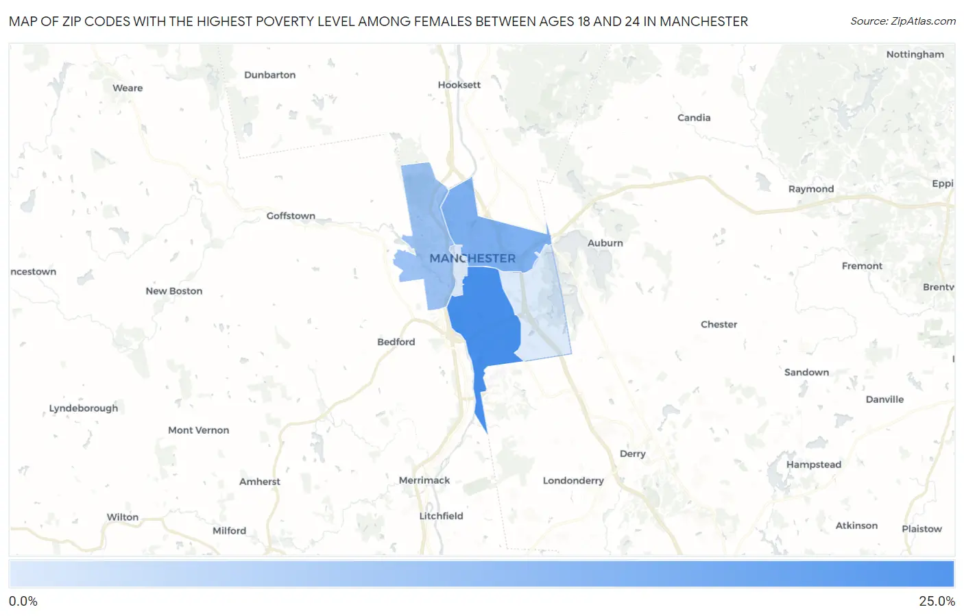 Zip Codes with the Highest Poverty Level Among Females Between Ages 18 and 24 in Manchester Map
