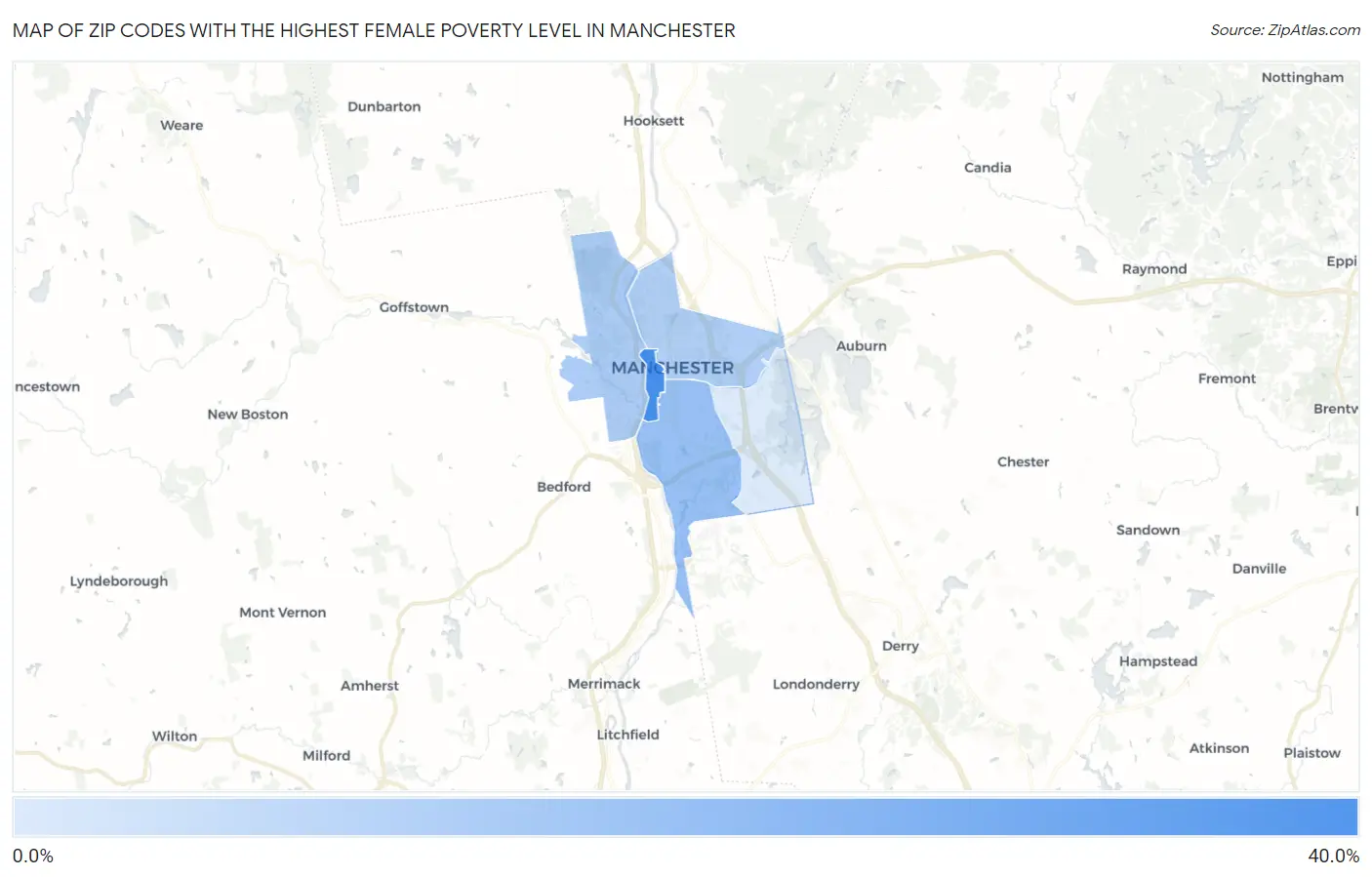 Zip Codes with the Highest Female Poverty Level in Manchester Map