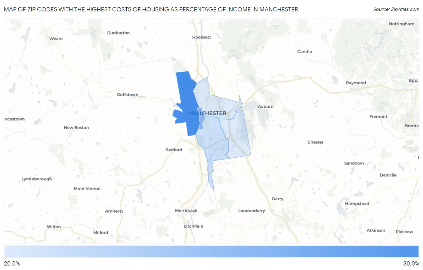 Zip Codes with the Highest Costs of Housing as Percentage of Income in Manchester Map