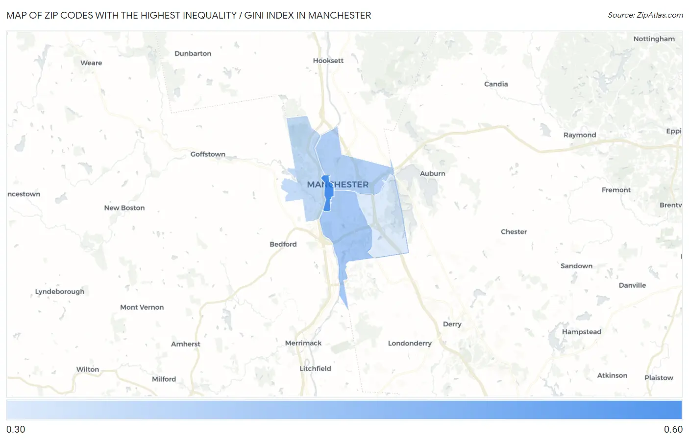 Zip Codes with the Highest Inequality / Gini Index in Manchester Map