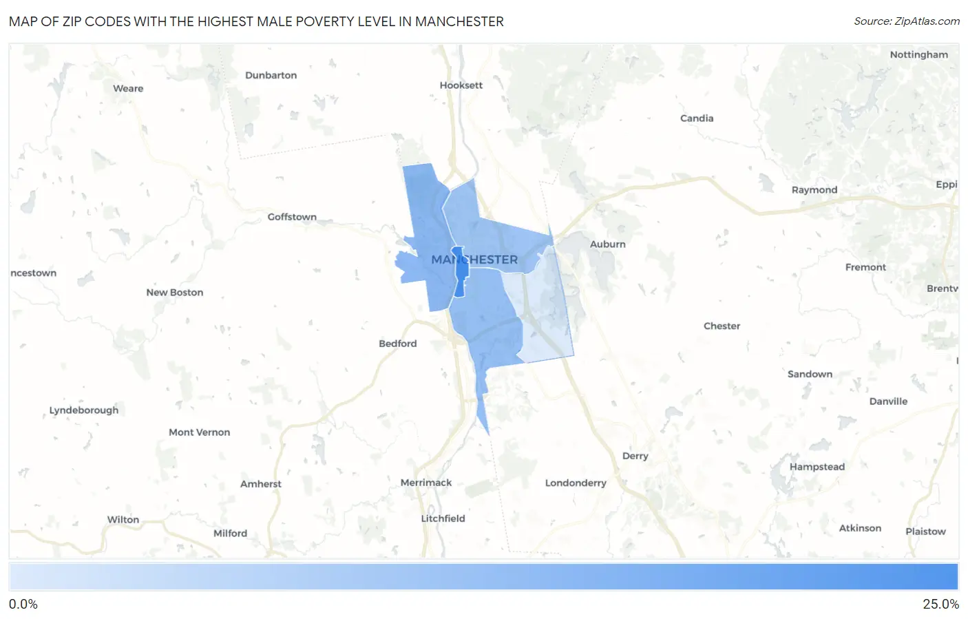 Zip Codes with the Highest Male Poverty Level in Manchester Map
