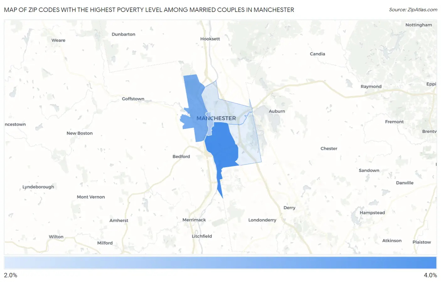 Zip Codes with the Highest Poverty Level Among Married Couples in Manchester Map