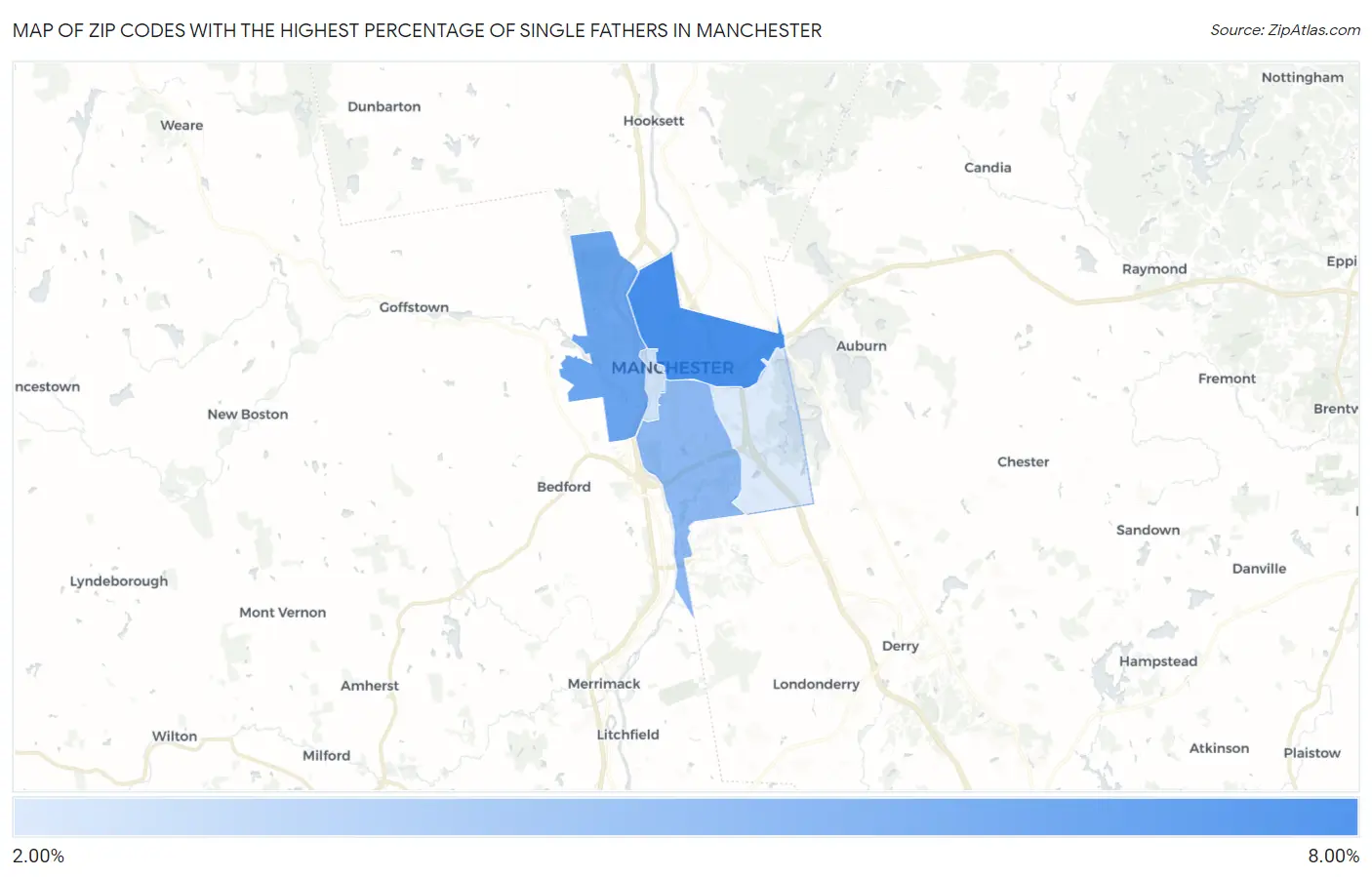 Zip Codes with the Highest Percentage of Single Fathers in Manchester Map
