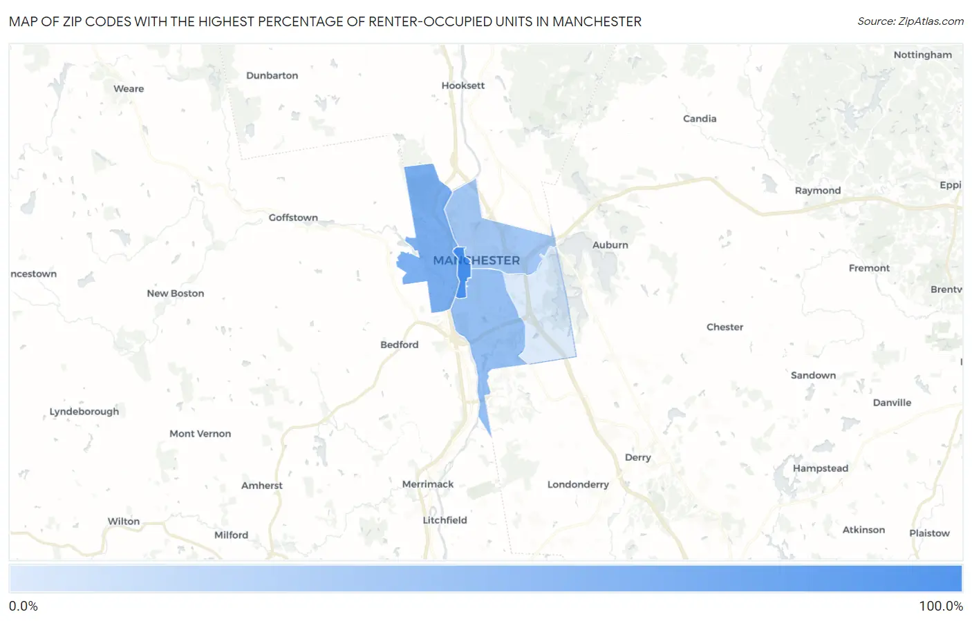 Zip Codes with the Highest Percentage of Renter-Occupied Units in Manchester Map