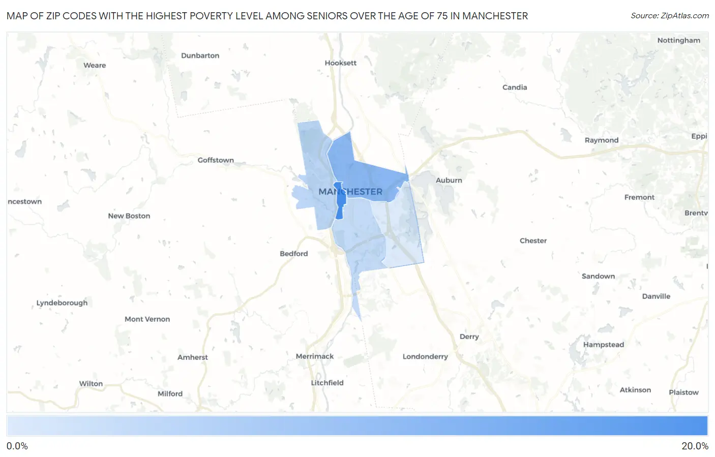 Zip Codes with the Highest Poverty Level Among Seniors Over the Age of 75 in Manchester Map