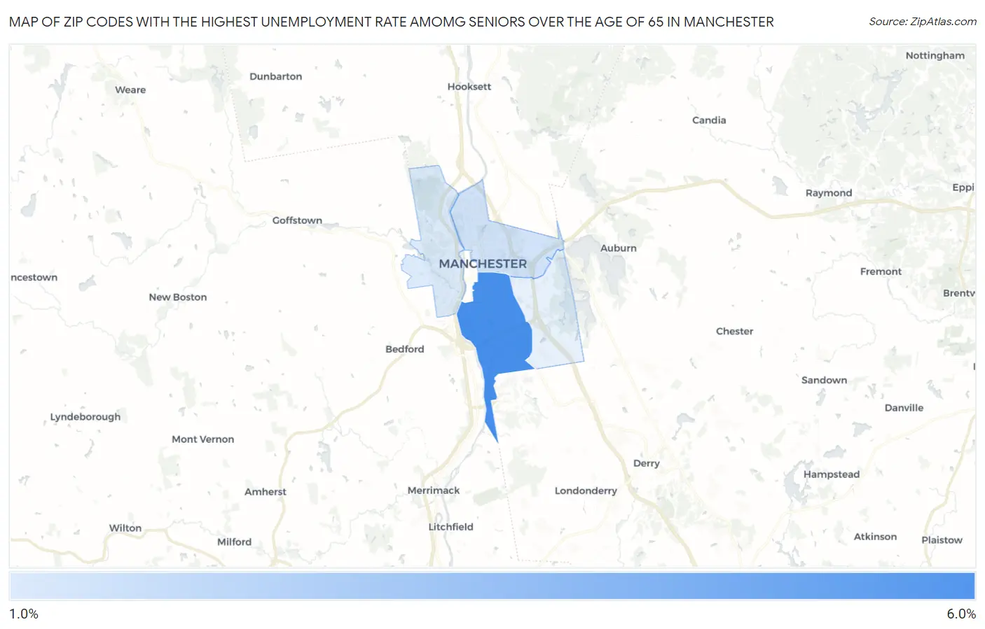 Zip Codes with the Highest Unemployment Rate Amomg Seniors Over the Age of 65 in Manchester Map