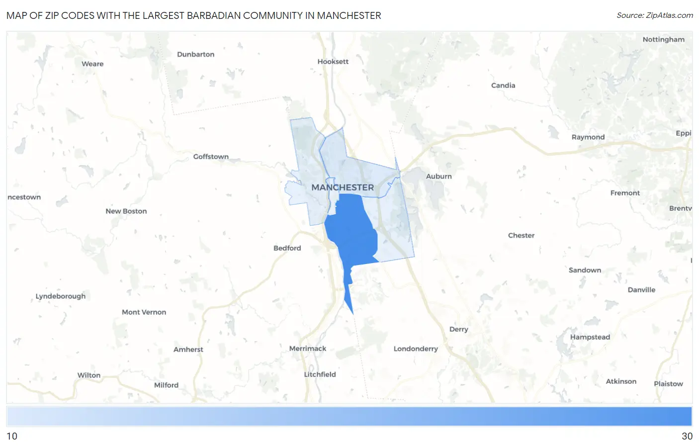 Zip Codes with the Largest Barbadian Community in Manchester Map