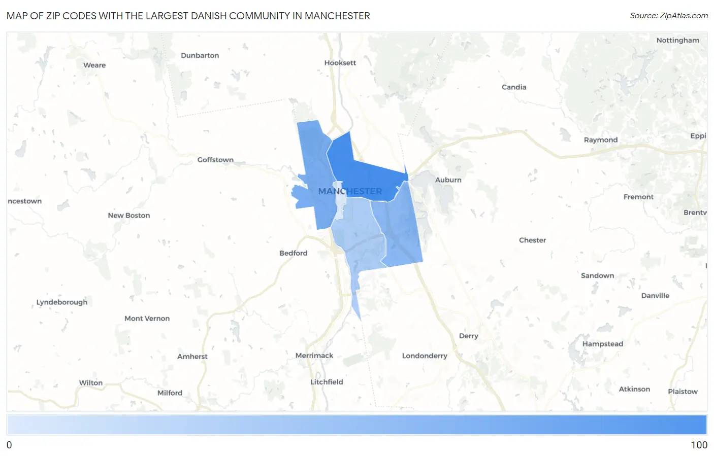 Zip Codes with the Largest Danish Community in Manchester Map