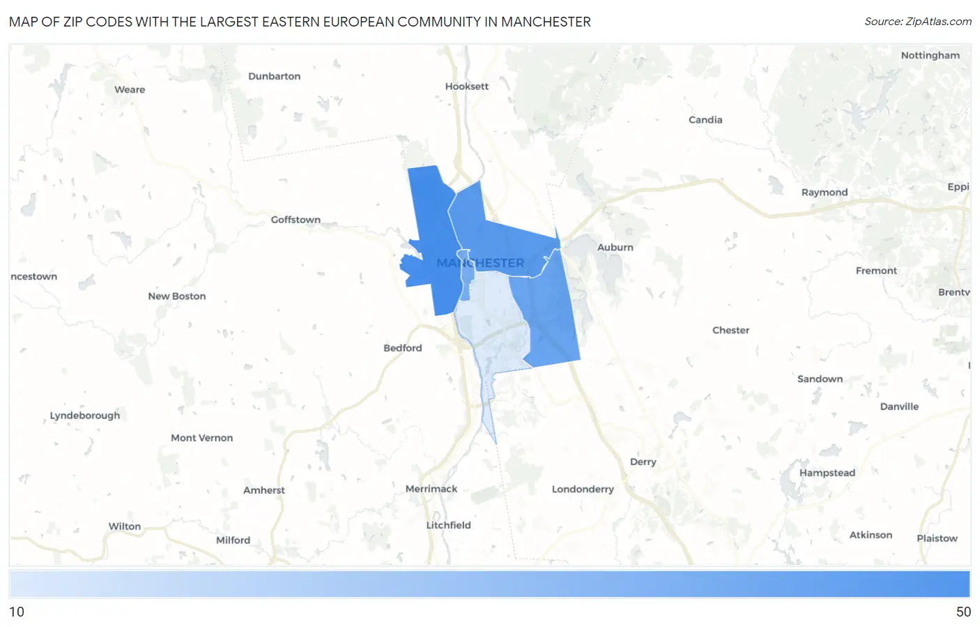 Zip Codes with the Largest Eastern European Community in Manchester Map