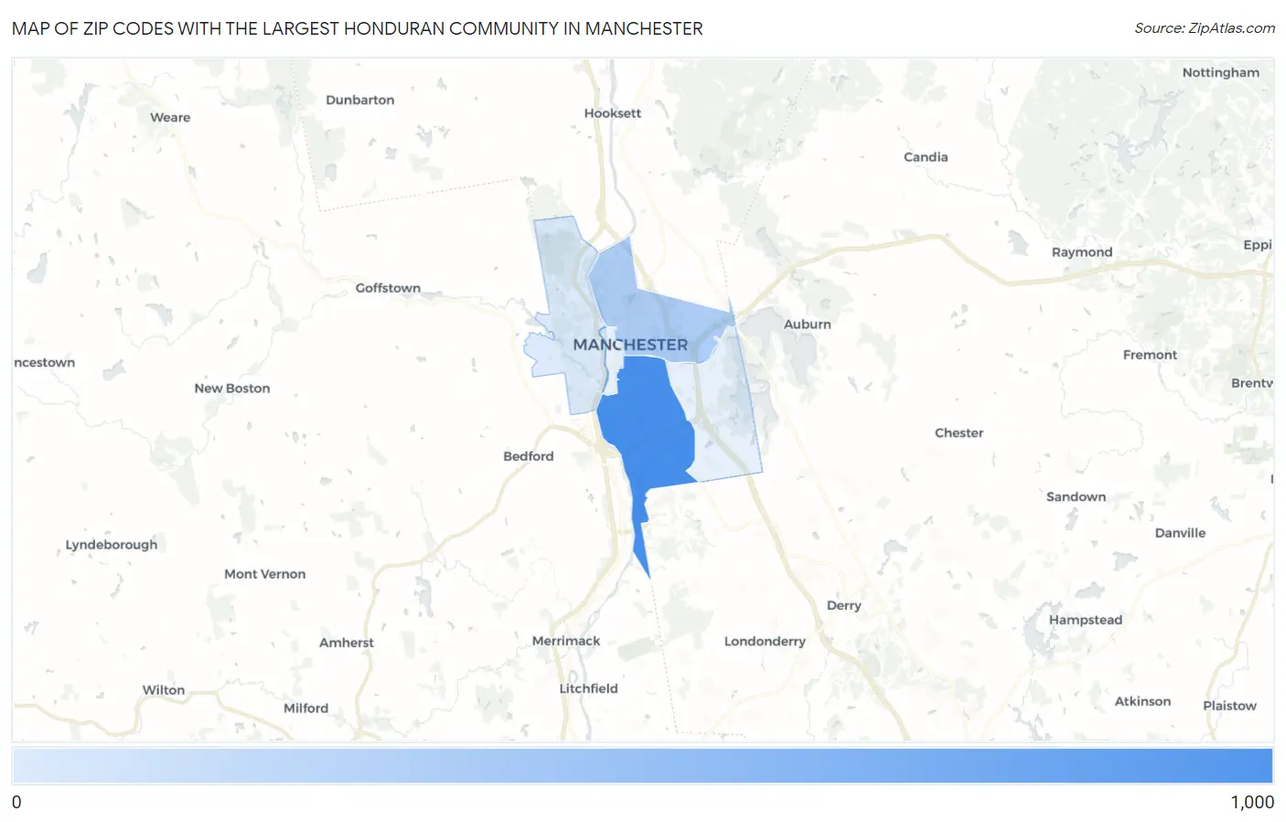 Zip Codes with the Largest Honduran Community in Manchester Map