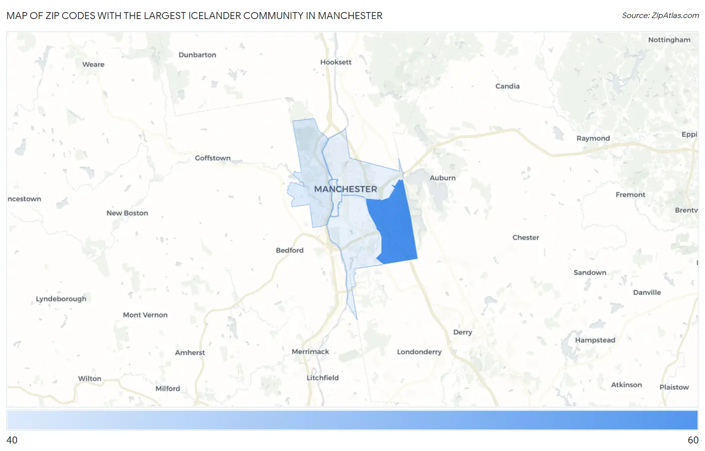 Zip Codes with the Largest Icelander Community in Manchester Map