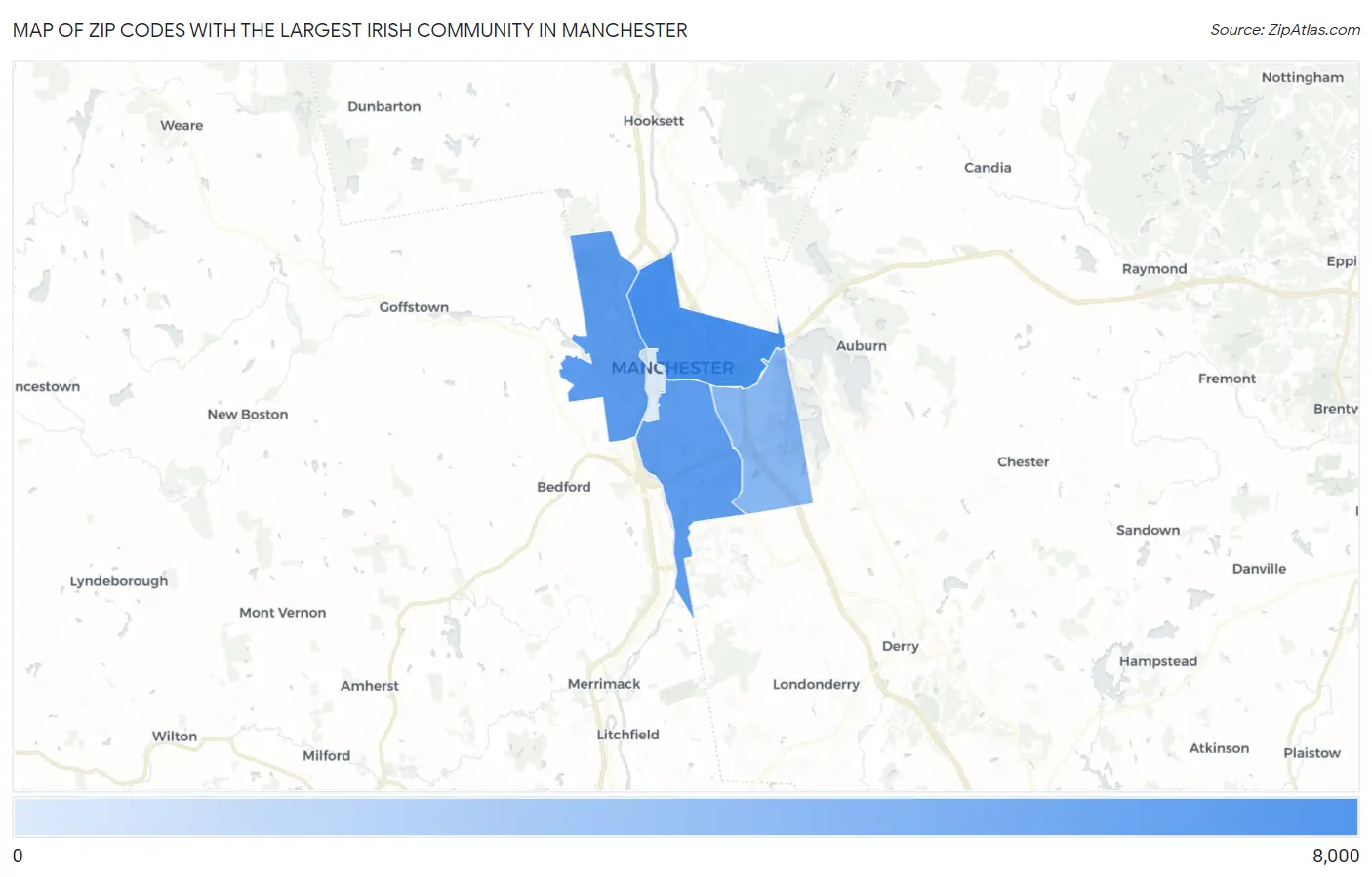 Zip Codes with the Largest Irish Community in Manchester Map
