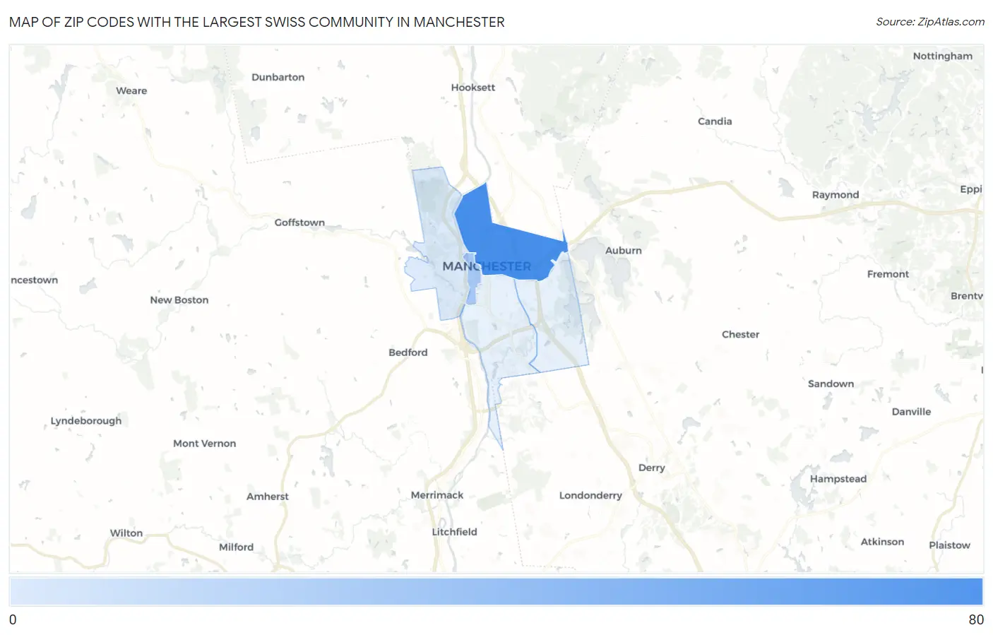Zip Codes with the Largest Swiss Community in Manchester Map