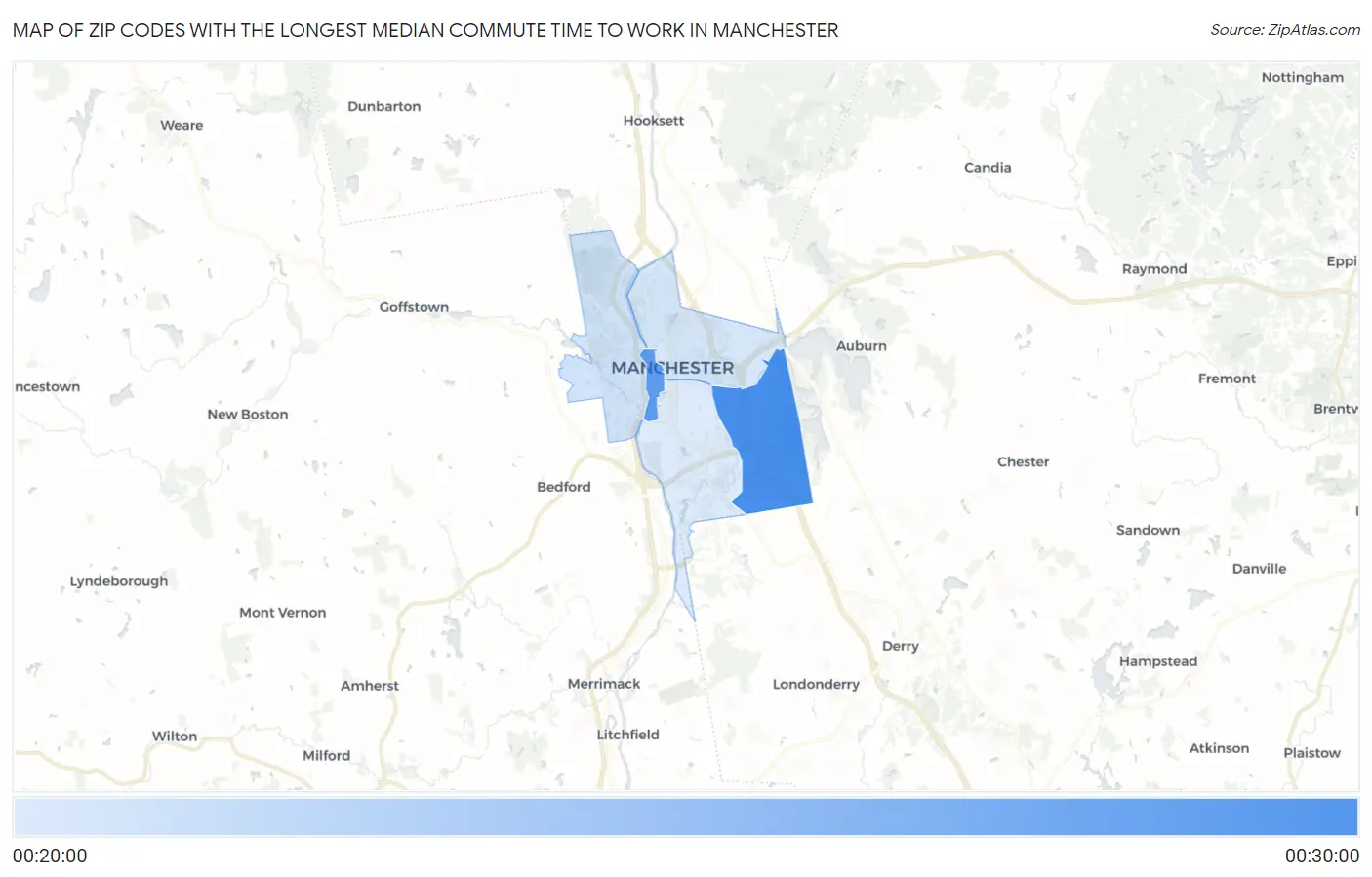 Zip Codes with the Longest Median Commute Time to Work in Manchester Map