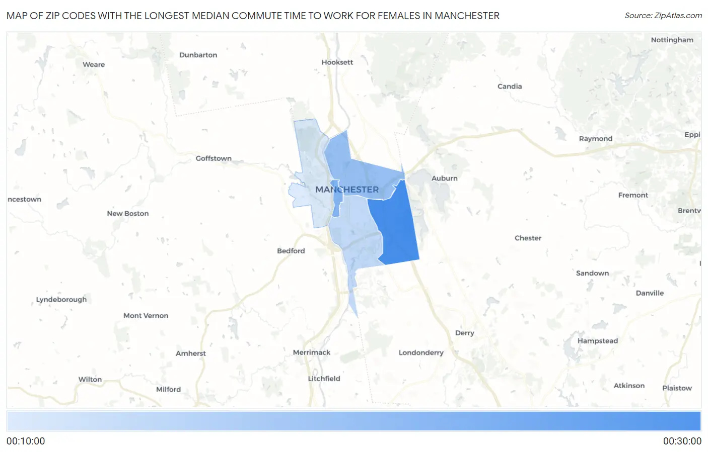 Zip Codes with the Longest Median Commute Time to Work for Females in Manchester Map