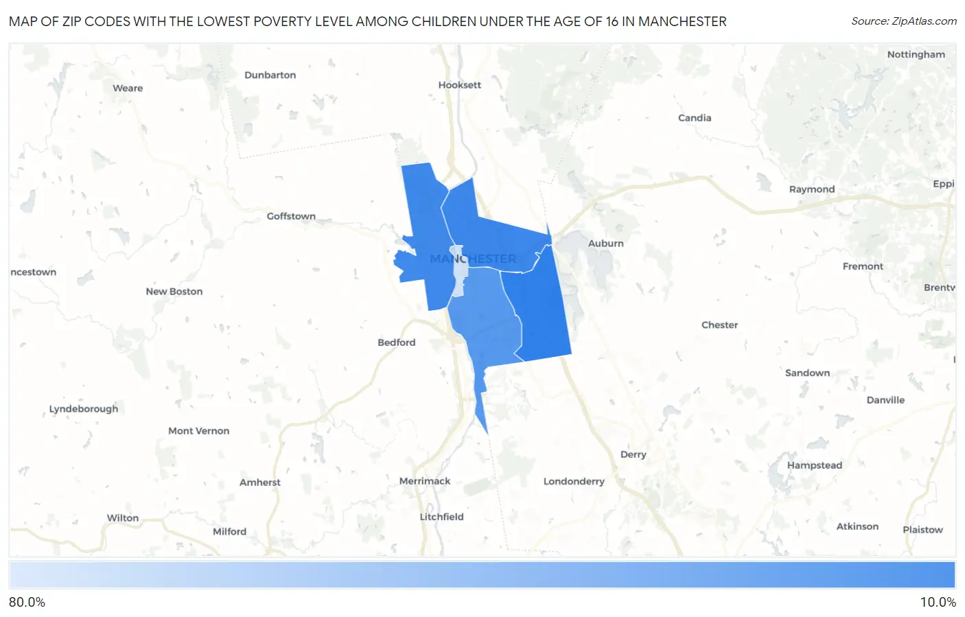 Zip Codes with the Lowest Poverty Level Among Children Under the Age of 16 in Manchester Map