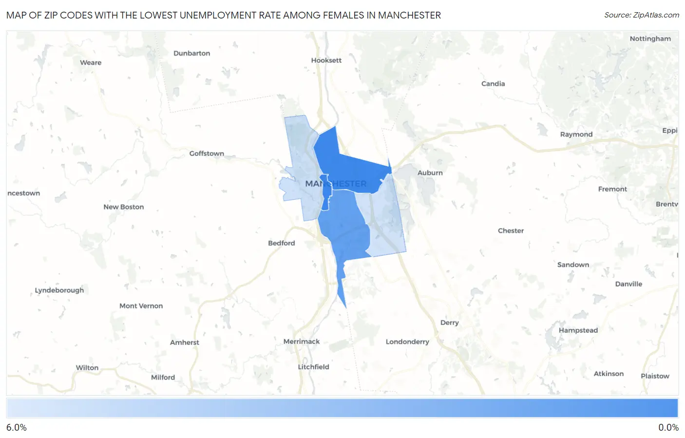 Zip Codes with the Lowest Unemployment Rate Among Females in Manchester Map