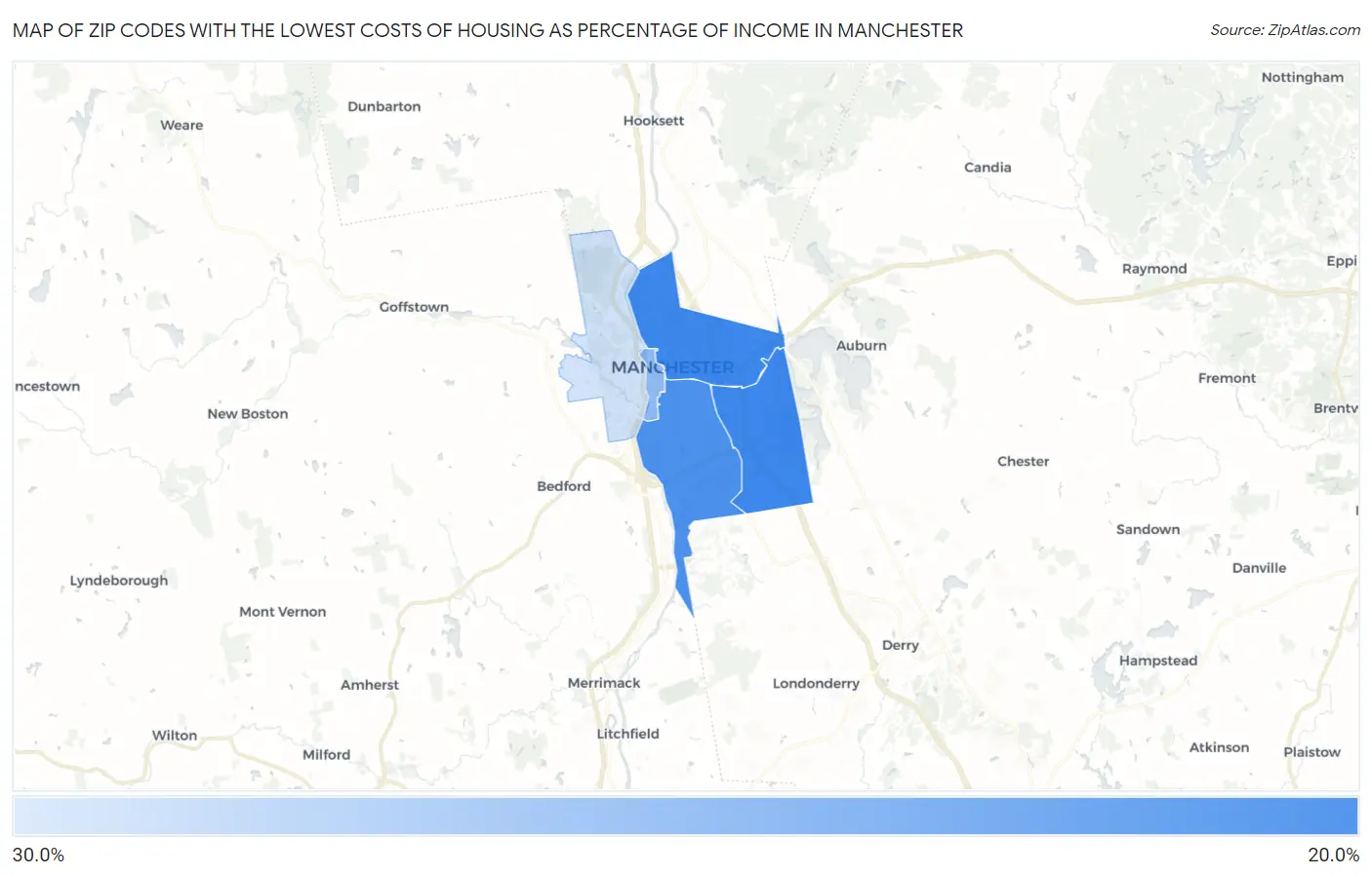 Zip Codes with the Lowest Costs of Housing as Percentage of Income in Manchester Map