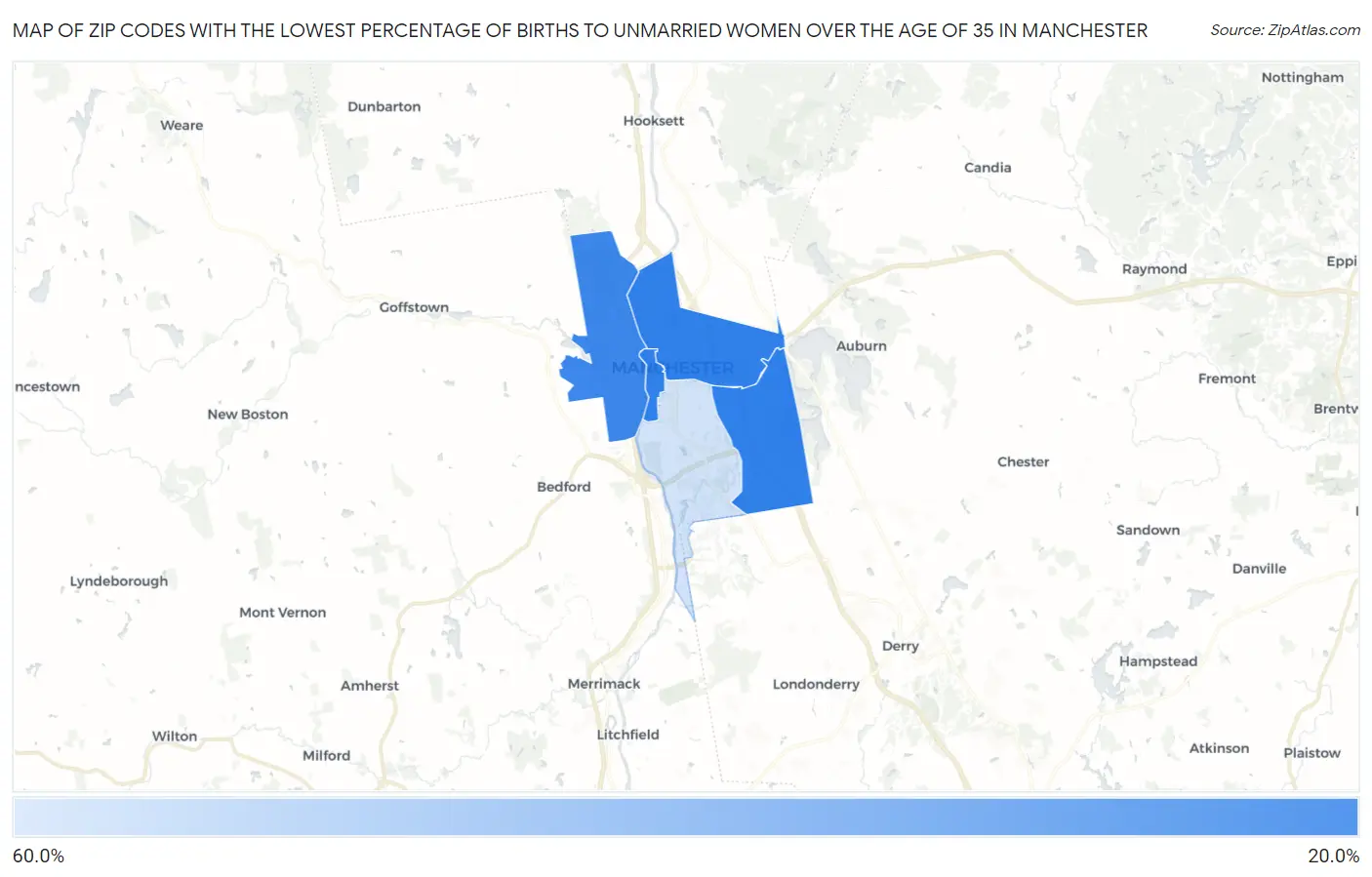 Zip Codes with the Lowest Percentage of Births to Unmarried Women over the Age of 35 in Manchester Map